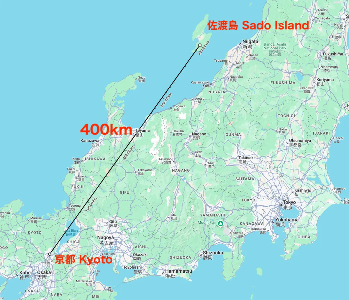 京都と佐渡島の距離